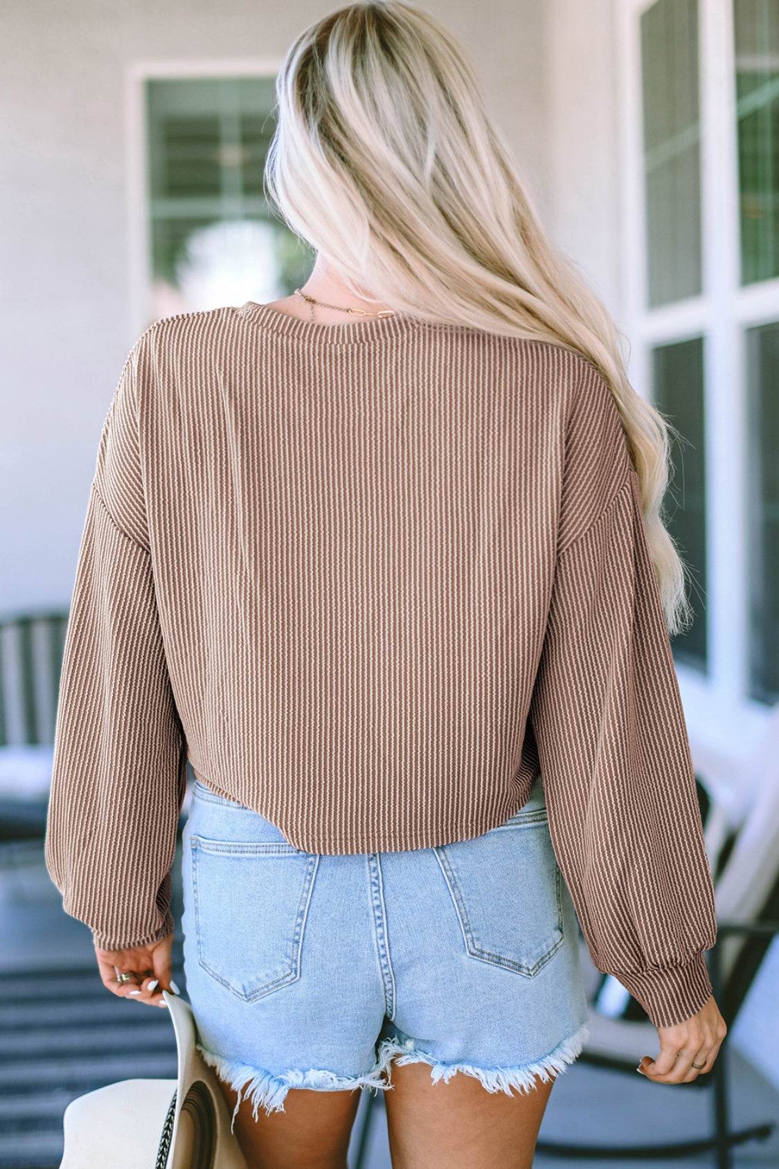 Round Neck Drop Shoulder Long Sleeve Top - Amexza