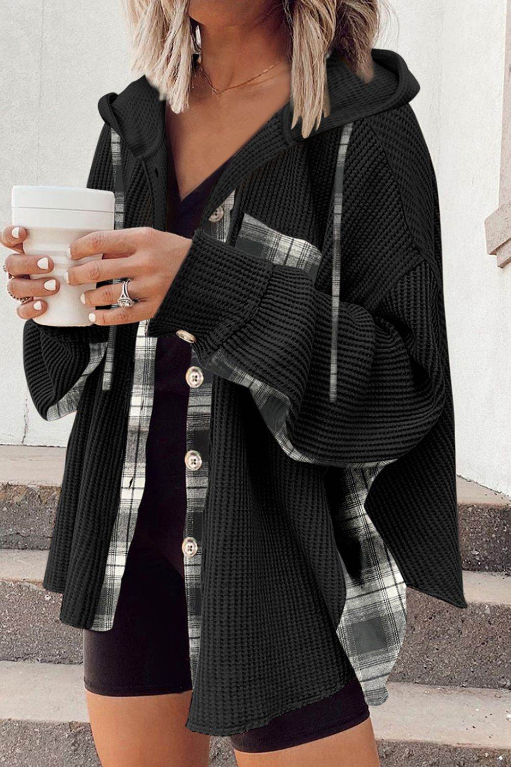 Waffle Knit Plaid Patchwork Drawstring Hooded Shacket Black for a perfect OOTD – dress to impress outfits from Amexza