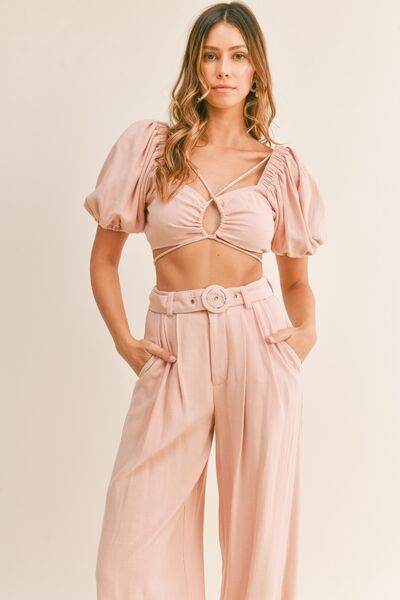 MABLE Cut Out Drawstring Crop Top and Belted Pants Set for a perfect OOTD – dress to impress outfits from Amexza