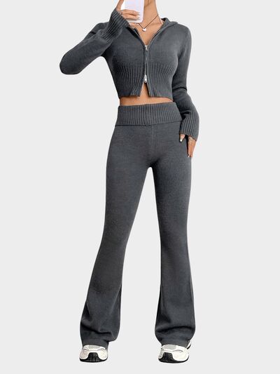 Zip Up Hooded Top and Flare Pants Sweater Set Dark Gray One Size for a perfect OOTD – dress to impress outfits from Amexza