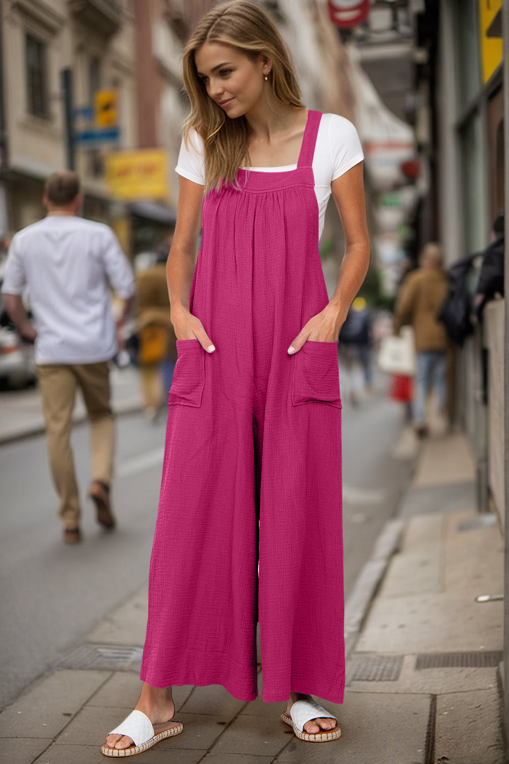 Double Take Full Size Wide Leg Overalls with Pockets Hot Pink for a perfect OOTD – dress to impress outfits from Amexza