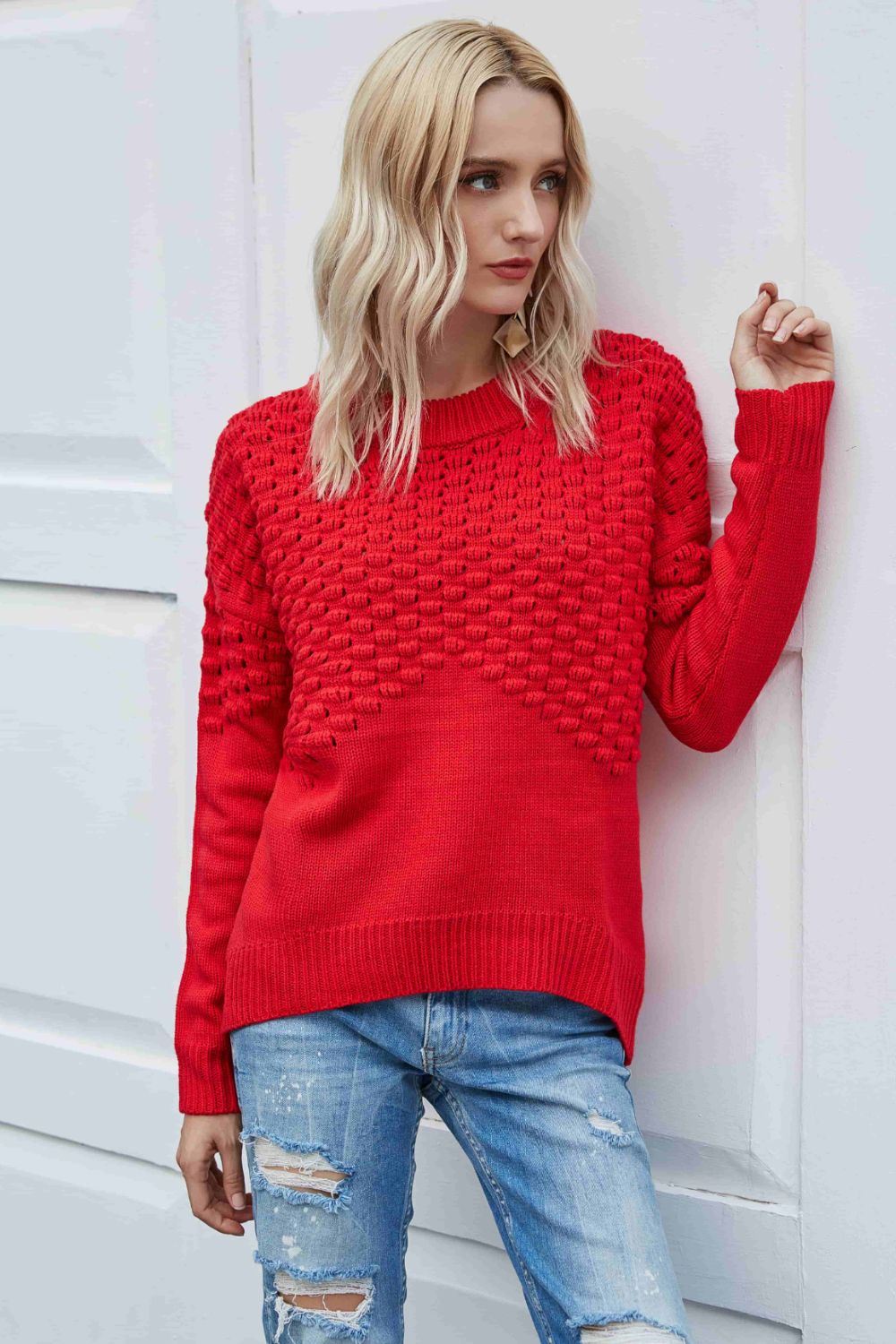 Pom-Pom Drop Shoulder Ribbed Trim Sweater Red for a perfect OOTD – dress to impress outfits from Amexza