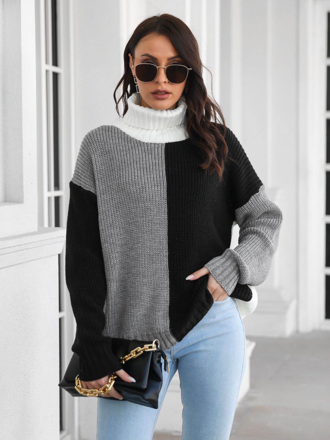 Contrast Turtleneck Long Sleeve Sweater Black for a perfect OOTD – dress to impress outfits from Amexza