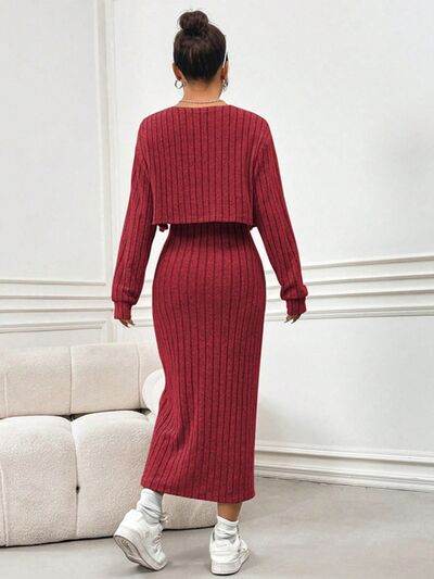 Ribbed Long Sleeve Cropped Cardigan and Slit Cami Dress Set - Amexza