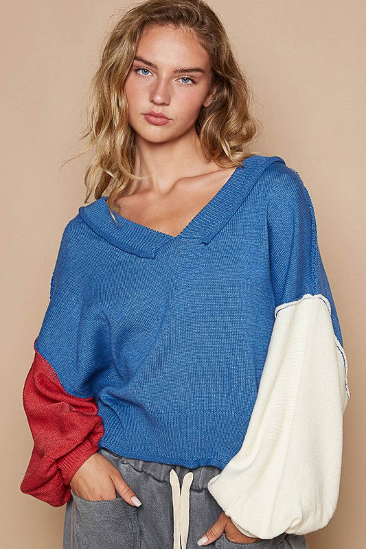 POL Exposed Seam Contrast V-Neck Lantern Sleeve Sweater Royal Blue for a perfect OOTD – dress to impress outfits from Amexza