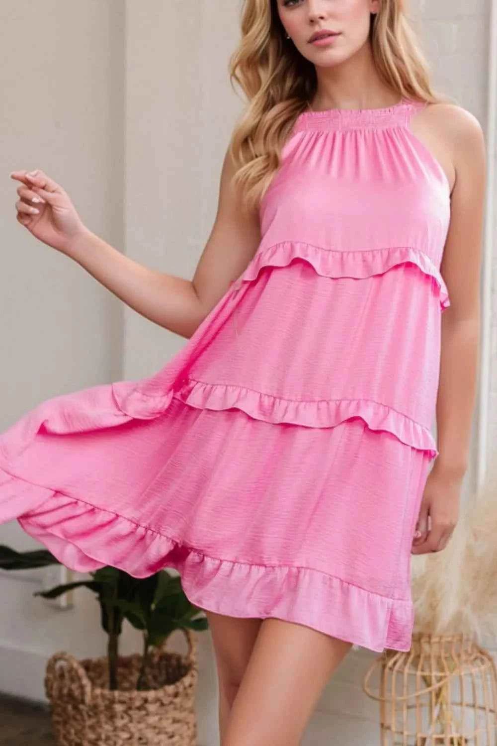 Tied Back Ruffled Layered Sleeveless Mini Dress Pink for a perfect OOTD – dress to impress outfits from Amexza