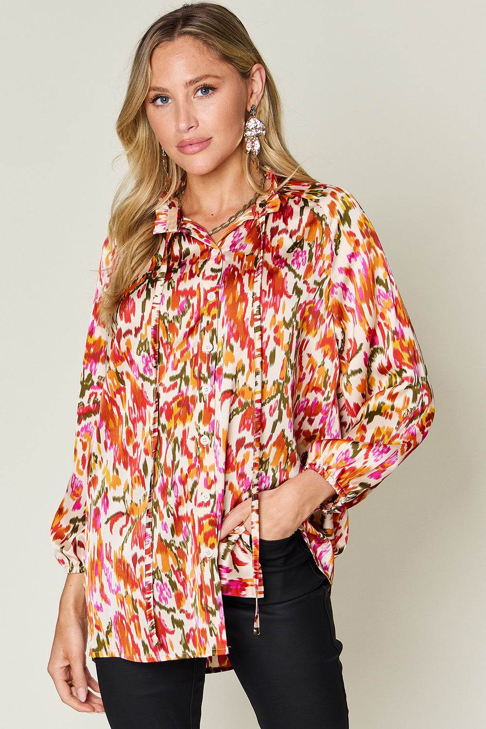 Double Take Full Size Printed Button Up Long Sleeve Shirt Tangerine for a perfect OOTD – dress to impress outfits from Amexza