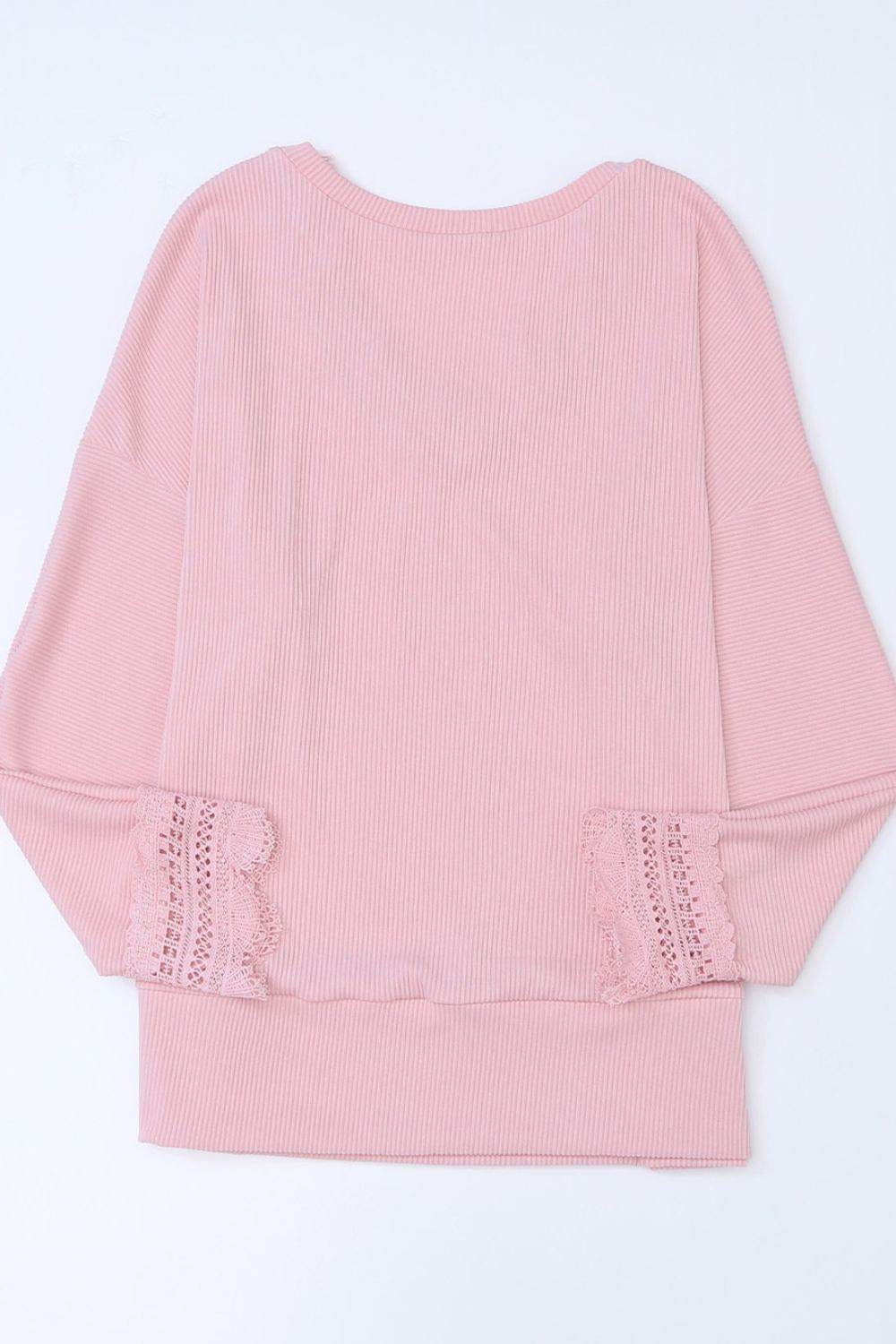 Lace Detail V-Neck Long Sleeve T-Shirt - Amexza