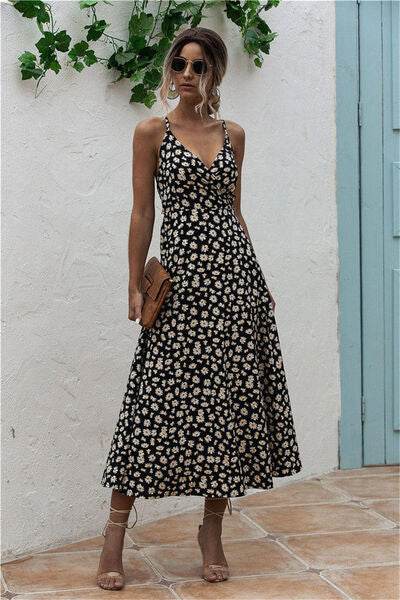 Daisy Print Surplice Midi Cami Dress Black for a perfect OOTD – dress to impress outfits from Amexza