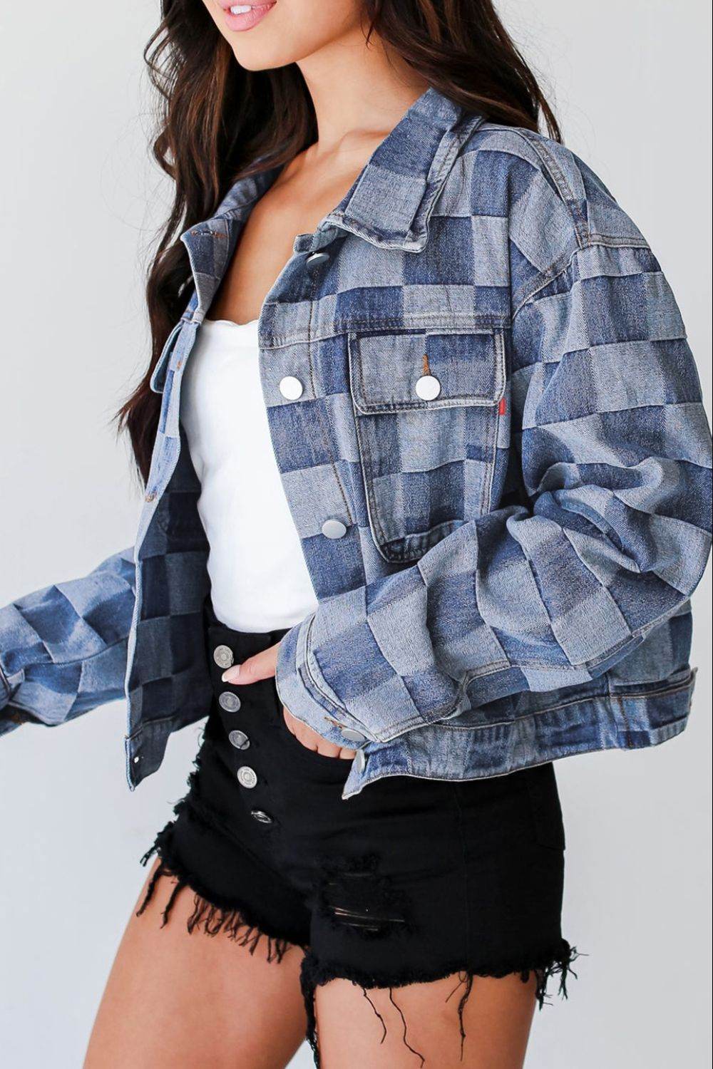 Checkered Button Up Denim Jacket Medium for a perfect OOTD – dress to impress outfits from Amexza