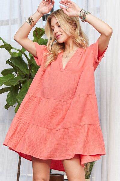 ADORA Tiered Notched Short Sleeve Dress Coral for a perfect OOTD – dress to impress outfits from Amexza