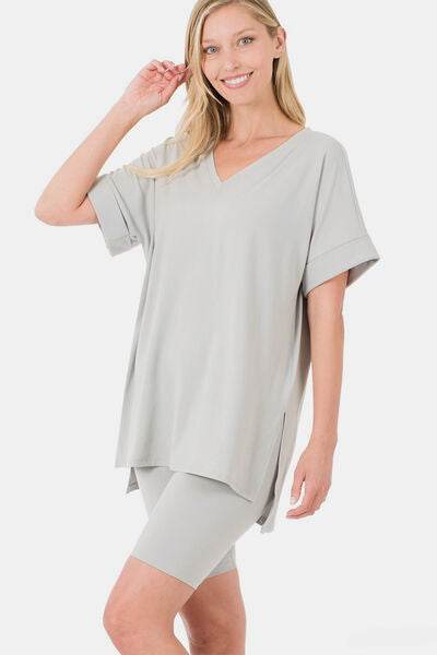 Zenana Full Size V-Neck Short Sleeve Slit T-Shirt and Shorts Set Lt Grey for a perfect OOTD – dress to impress outfits from Amexza