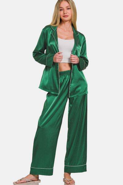 Zenana Satin Long Sleeve Shirt and Pants Pajama Set for a perfect OOTD – dress to impress outfits from Amexza