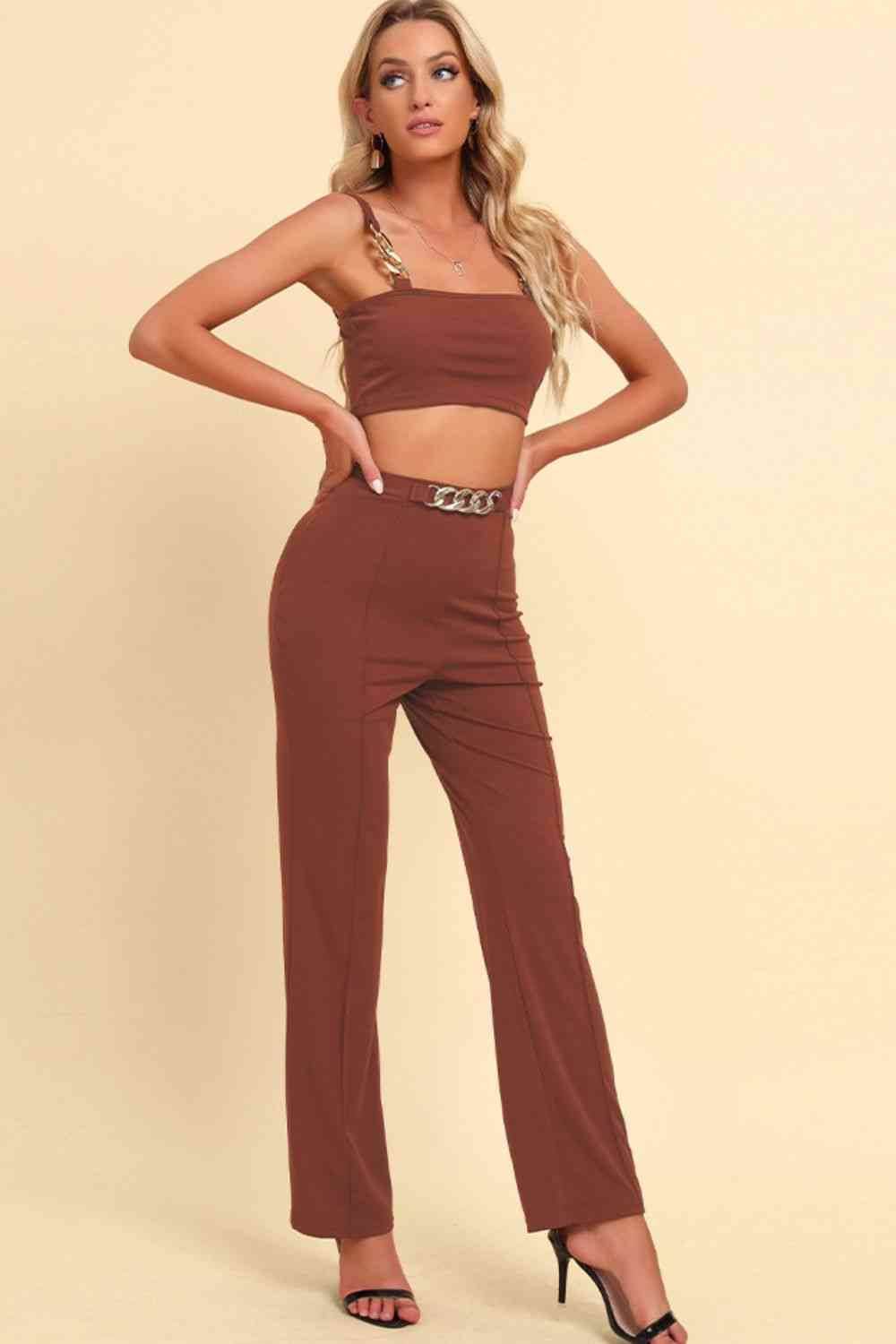 Chain Detail Cropped Cami and Straight Leg Pants Set Caramel for a perfect OOTD – dress to impress outfits from Amexza