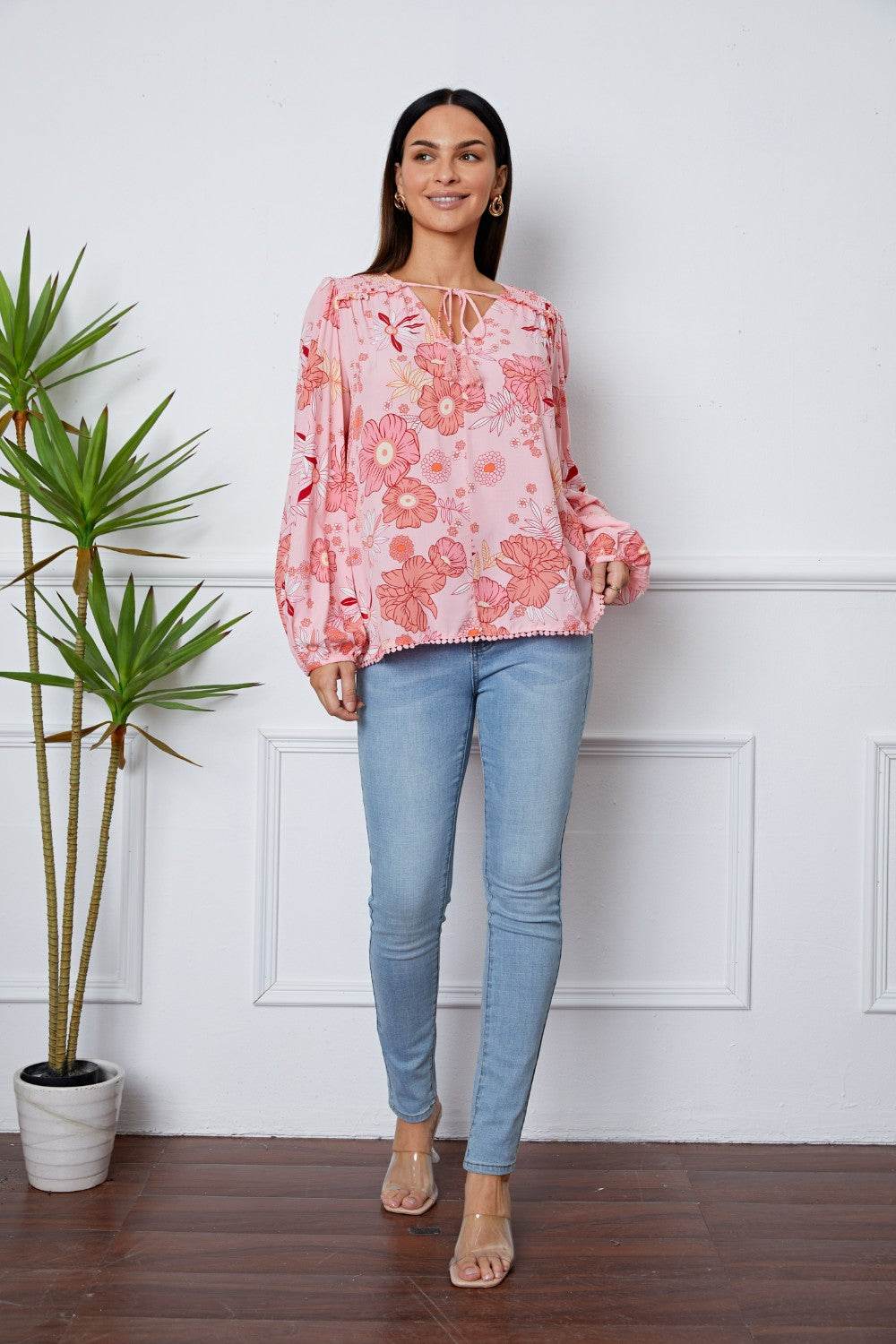 Floral Smocked Tassel Tie Balloon Sleeve Blouse - Amexza