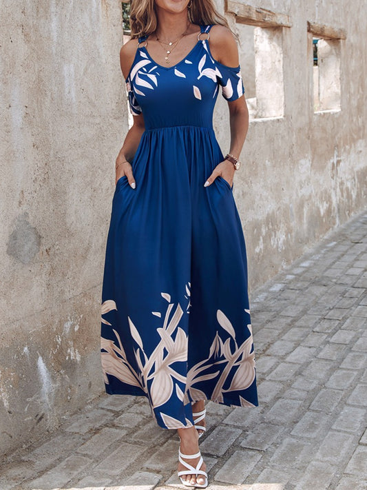 Printed Cold Shoulder Short Sleeve Maxi Dress - Navy / S