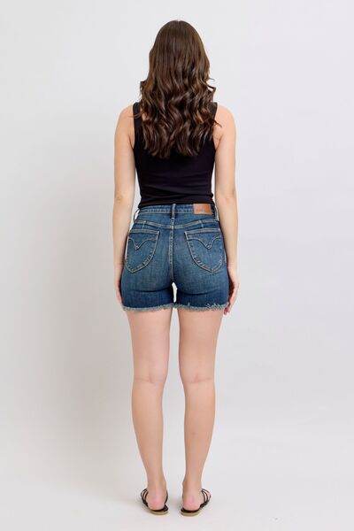 Judy Blue Tummy Control Fray Hem & Shield Back Pockets Denim Shorts for a perfect OOTD – dress to impress outfits from Amexza