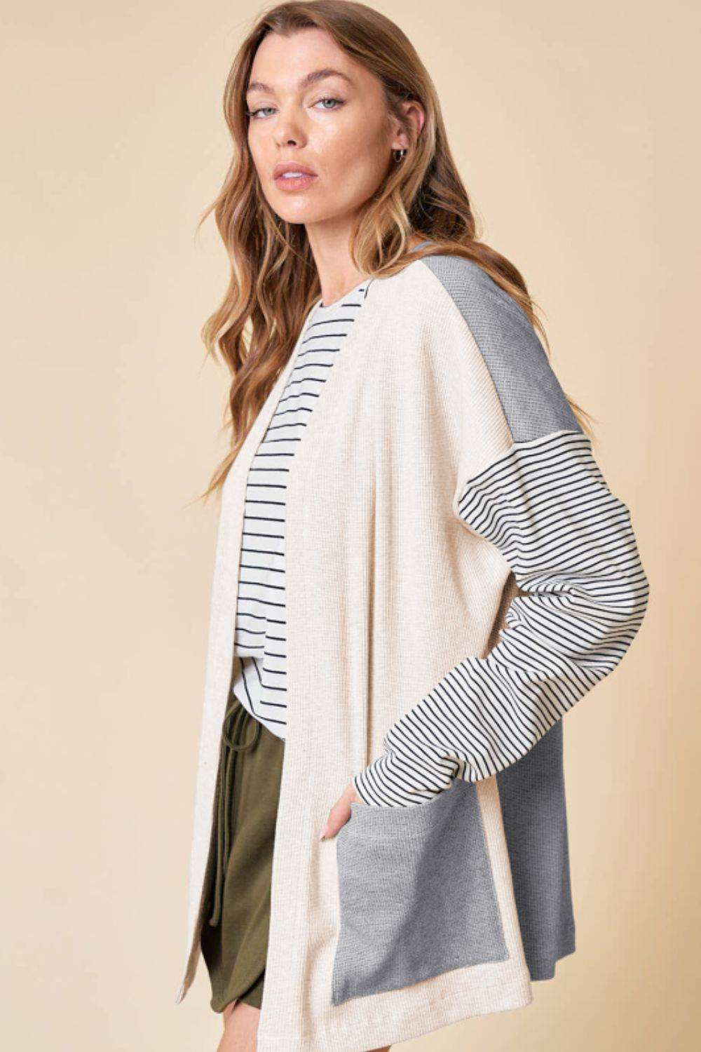 Open Front Long Sleeve Striped Cardigan with Pockets - Amexza