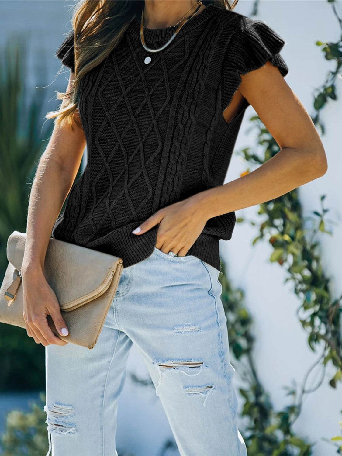 Round Neck Cap Sleeve Sweater Black for a perfect OOTD – dress to impress outfits from Amexza