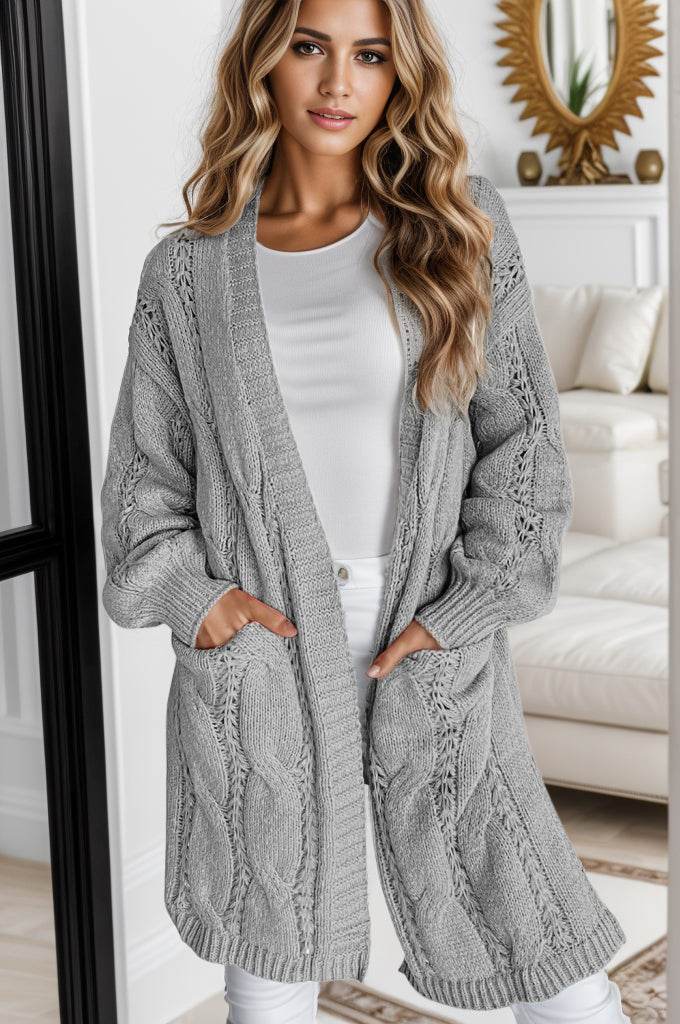 Cable-Knit Dropped Shoulder Slit Cardigan Light Gray for a perfect OOTD – dress to impress outfits from Amexza