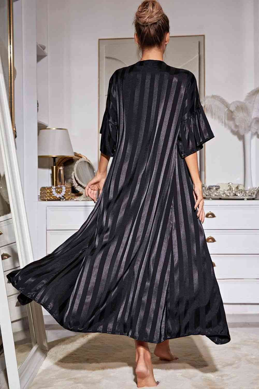 Striped Flounce Sleeve Open Front Robe and Cami Dress Set for a perfect OOTD – dress to impress outfits from Amexza