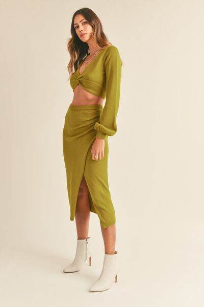 MABLE Front Twisted Knit Top and Midi Skirt Set for a perfect OOTD – dress to impress outfits from Amexza