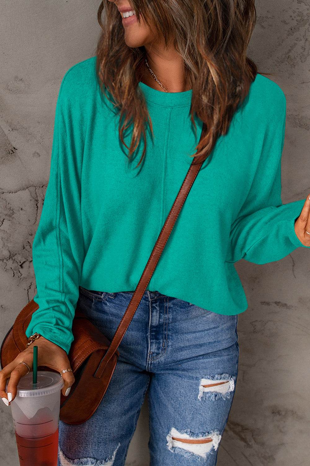 Double Take Full Size Round Neck Long Sleeve T-Shirt Turquoise for a perfect OOTD – dress to impress outfits from Amexza