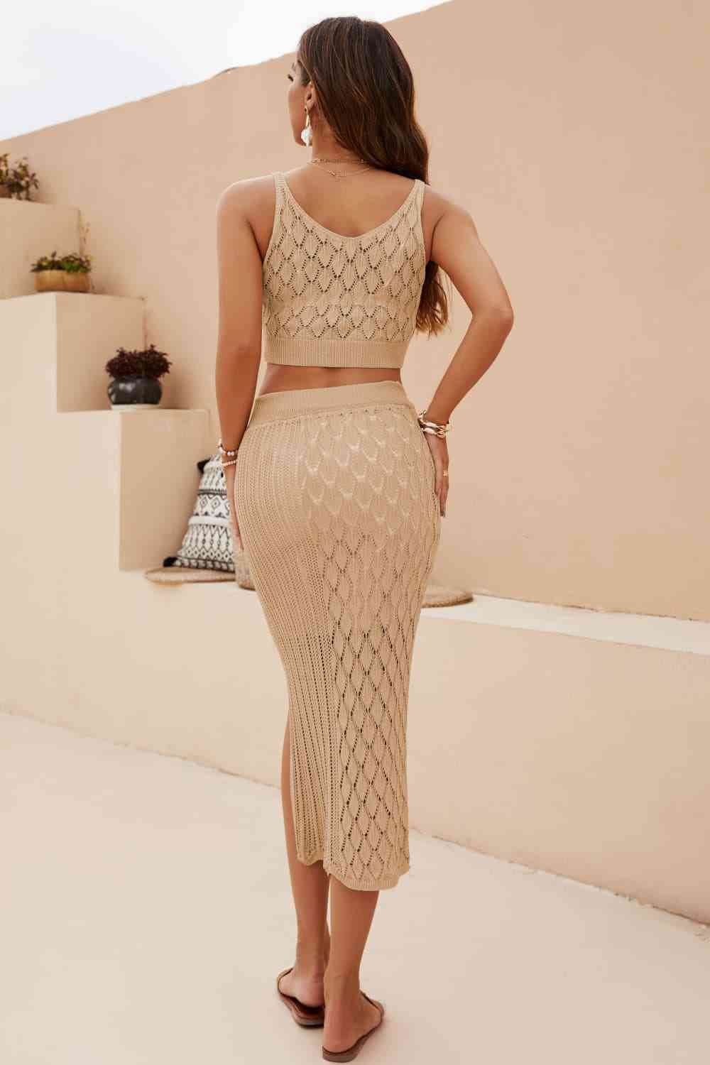 Openwork Cropped Tank and Split Skirt Set - Amexza