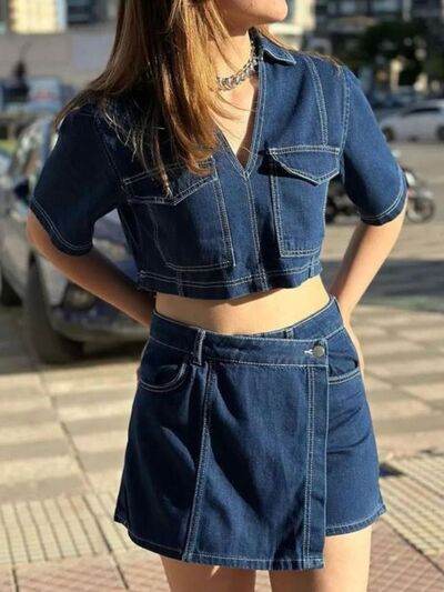 Johnny Collar Short Sleeve Top and Skort Denim Set Dark Blue for a perfect OOTD – dress to impress outfits from Amexza