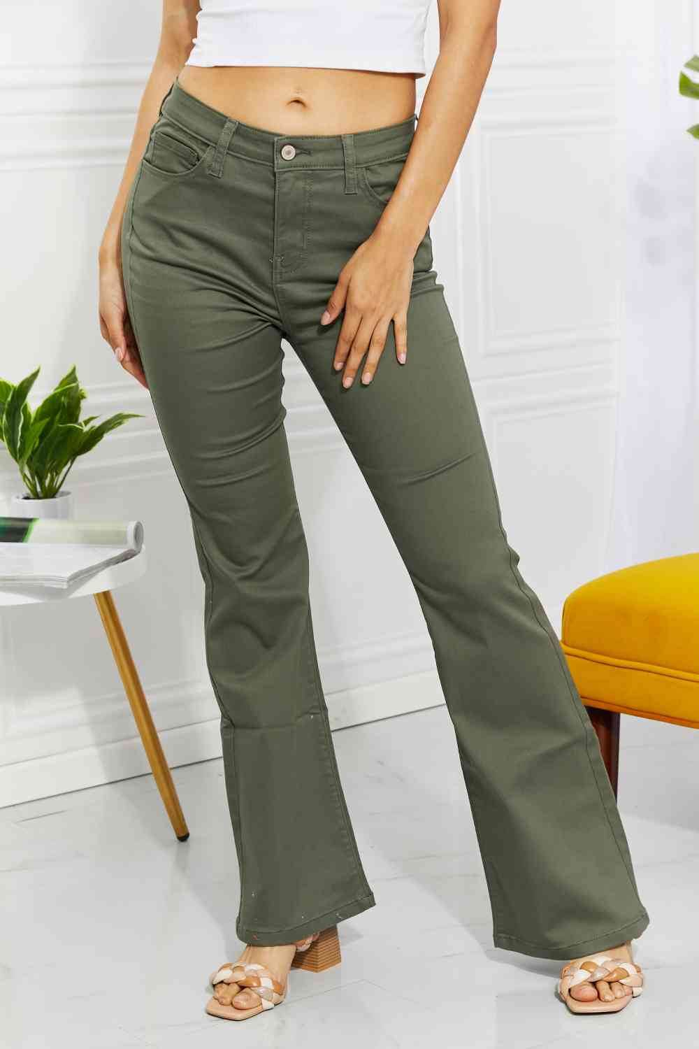 Zenana Clementine Full Size High-Rise Bootcut Jeans in Olive Matcha Green for a perfect OOTD – dress to impress outfits from Amexza