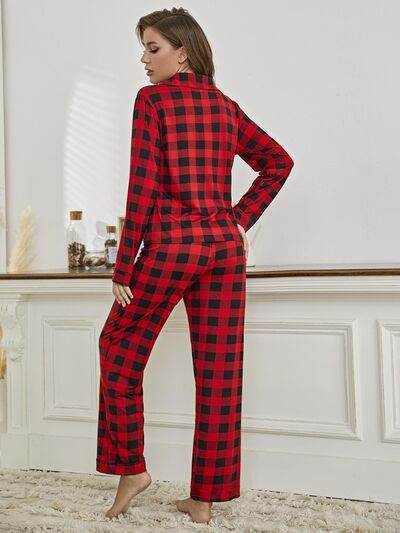 Plaid Collared Neck Long Sleeve Top and Pants Lounge Set for a perfect OOTD – dress to impress outfits from Amexza