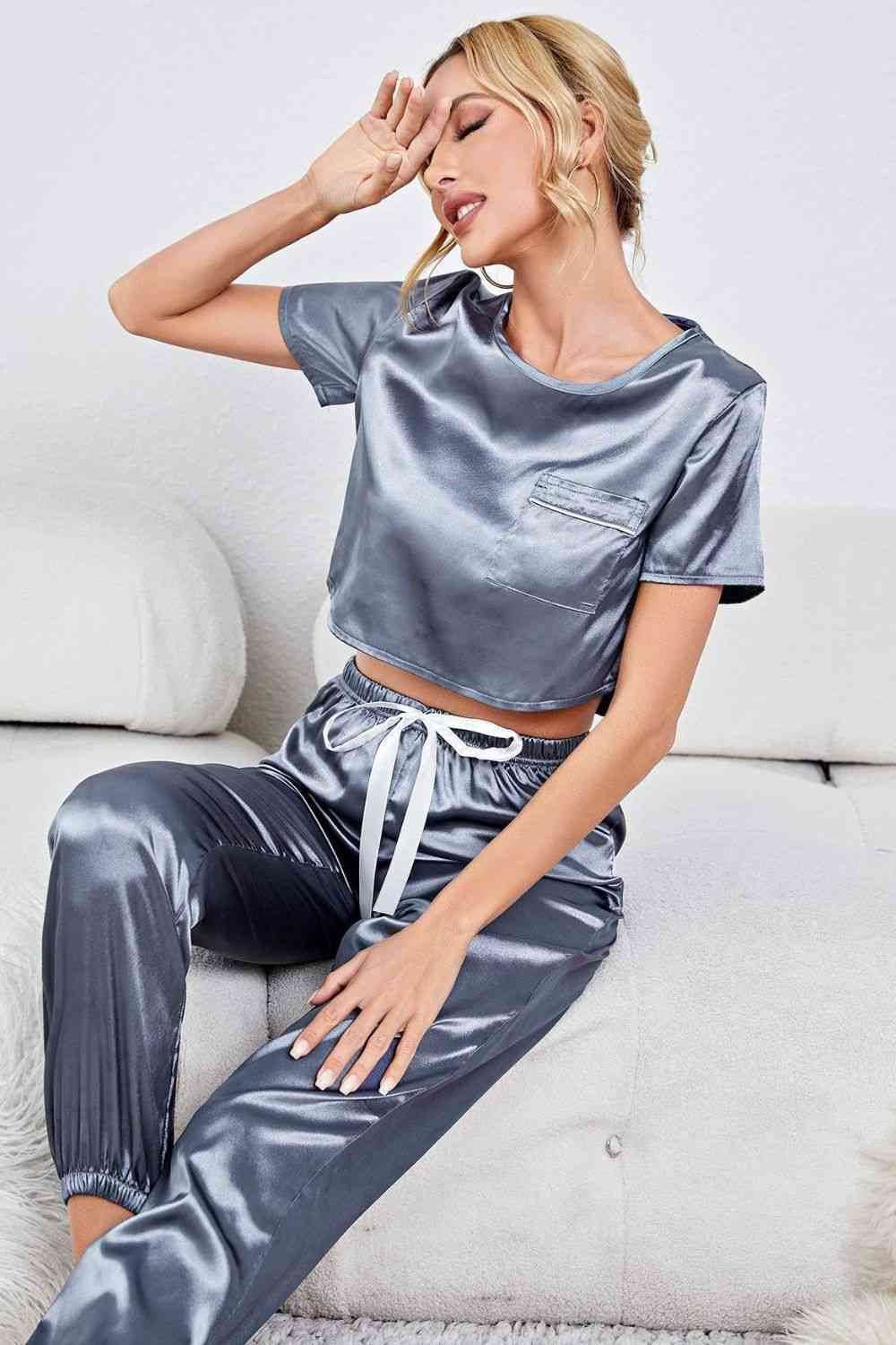 Satin Short Sleeve Crop Top and Joggers Lounge Set for a perfect OOTD – dress to impress outfits from Amexza