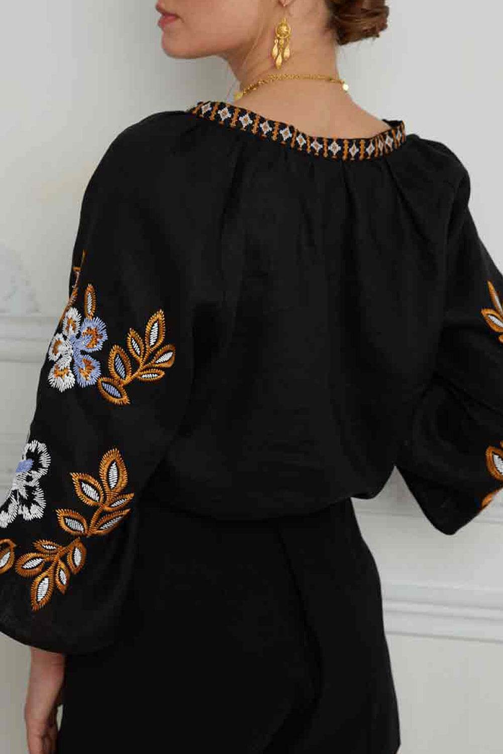 Embroidered V-Neck Three-Quarter Sleeve Blouse - Amexza