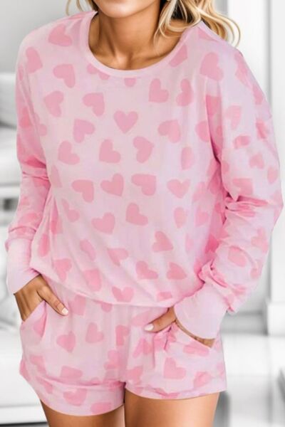 Heart Print Round Neck Top and Shorts Lounge Set Blush Pink for a perfect OOTD – dress to impress outfits from Amexza