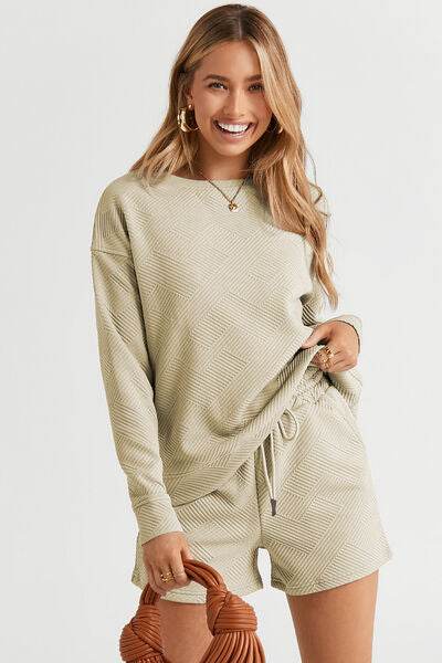 Double Take Full Size Texture Long Sleeve Top and Drawstring Shorts Set Tan for a perfect OOTD – dress to impress outfits from Amexza