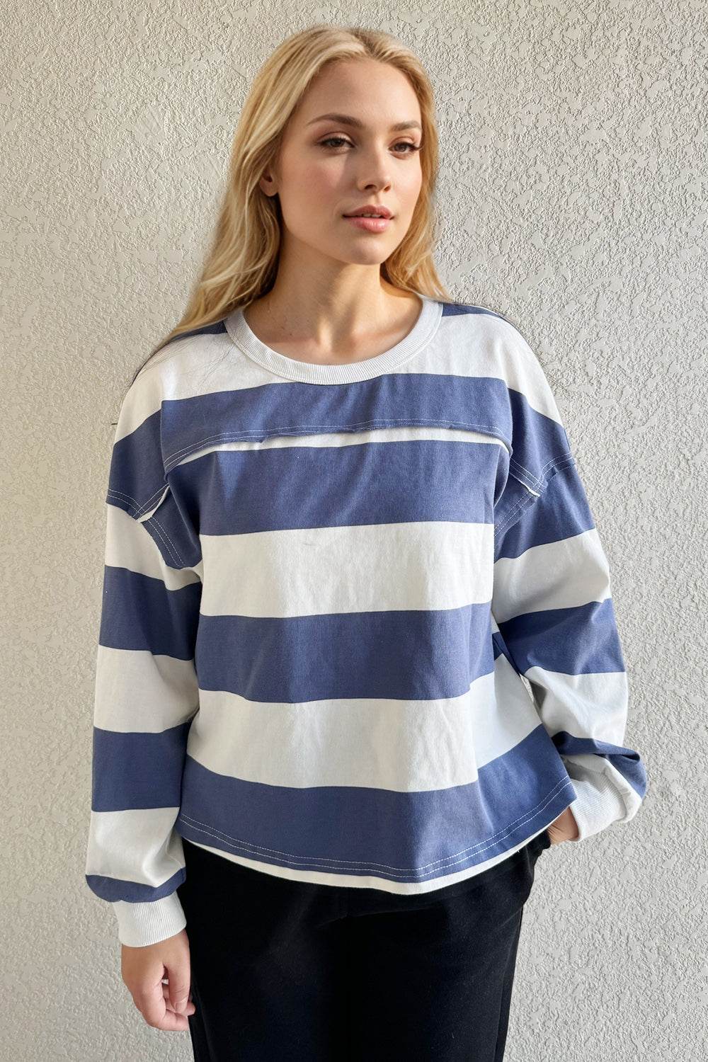 Oh Pima Cotton Wash Exposed Seam Contrast Striped Round Neck Long Sleeve T-Shirt Dusty Blue for a perfect OOTD – dress to impress outfits from Amexza