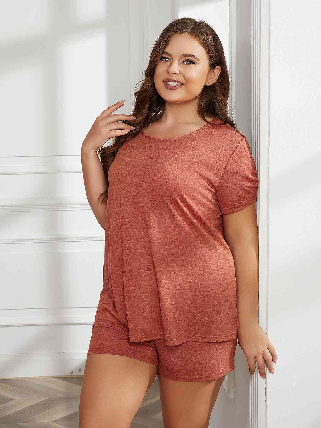 Plus Size Round Neck Short Sleeve Two-Piece Loungewear Set for a perfect OOTD – dress to impress outfits from Amexza