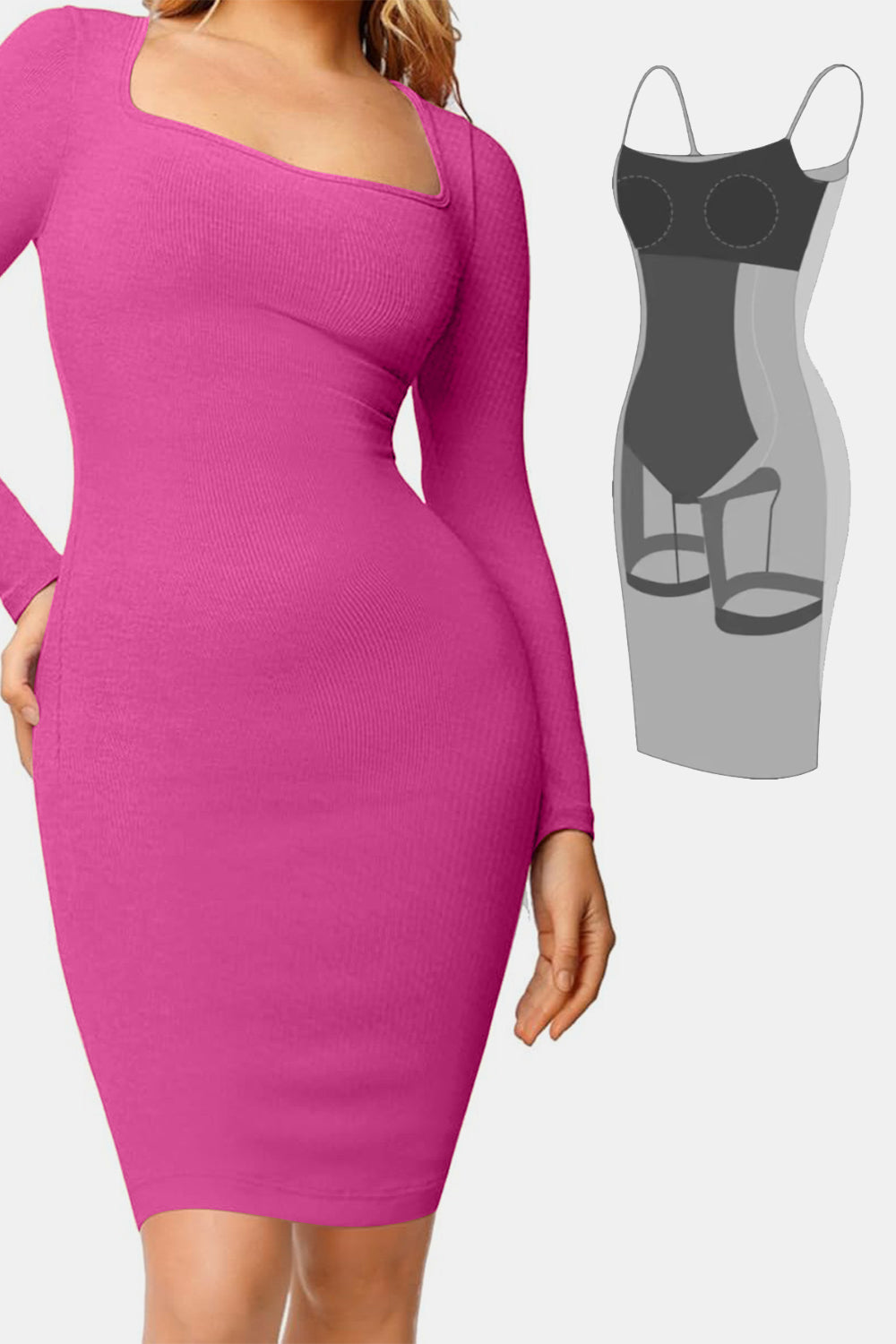 Basic Bae Full Size Built-In Shapewear Square Neck Long Sleeve Dress - Fuchsia Pink / S