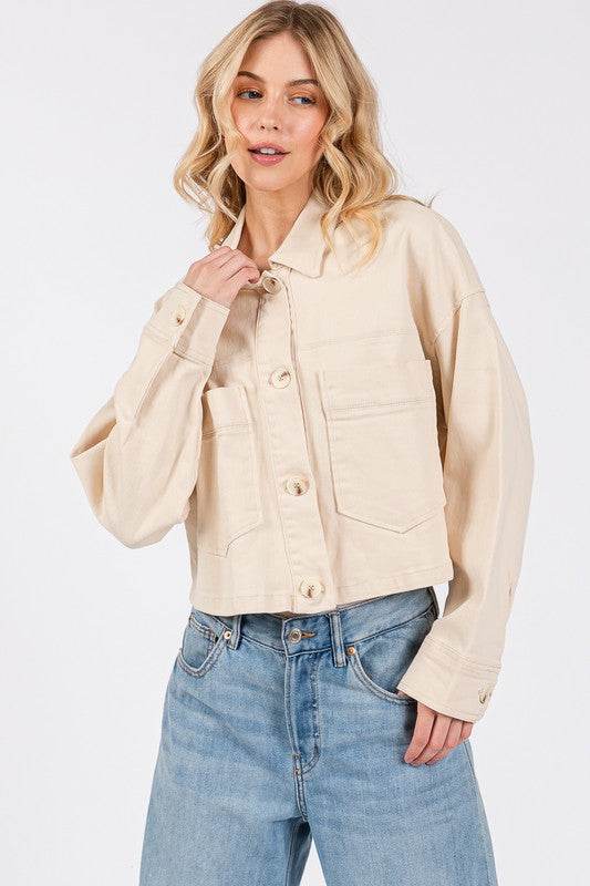 bytos Button Down Cropped Denim Jacket with Patch Pockets Tan for a perfect OOTD – dress to impress outfits from Amexza