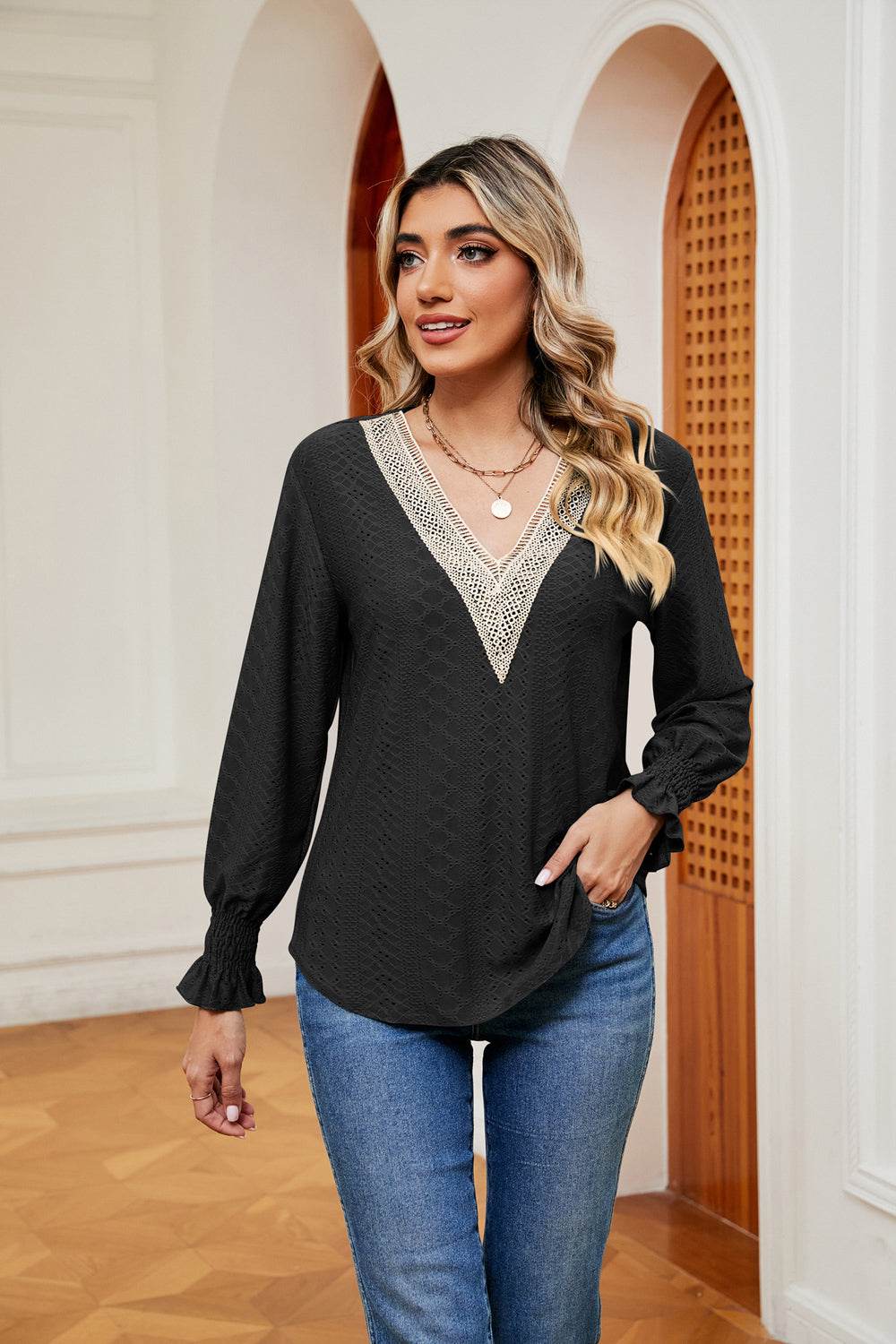 Contrast Flounce Sleeve Blouse Black for a perfect OOTD – dress to impress outfits from Amexza