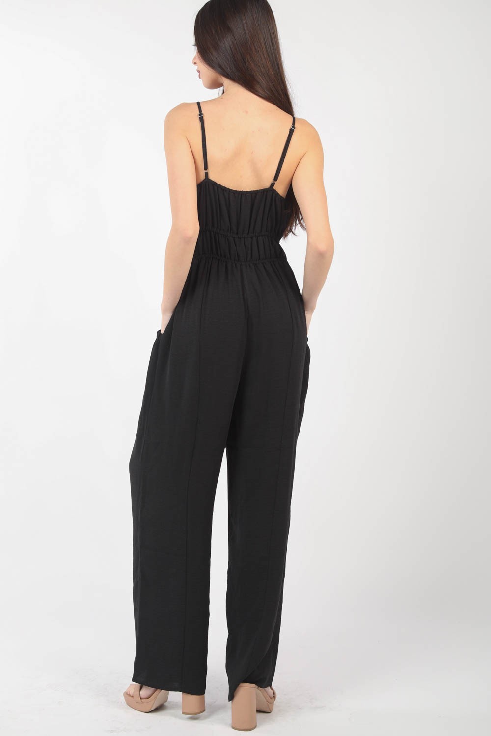 VERY J Pintuck Detail Woven Sleeveless Jumpsuit - Amexza