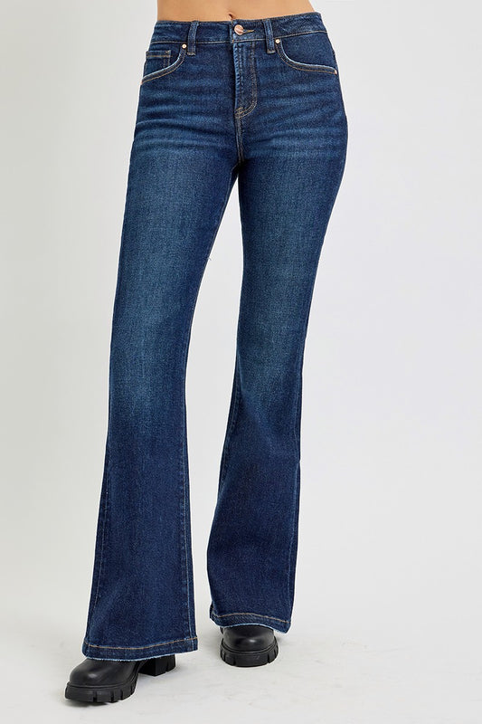 RISEN Full Size High Rise Flare Jeans with Pockets - Dark / 0(24)