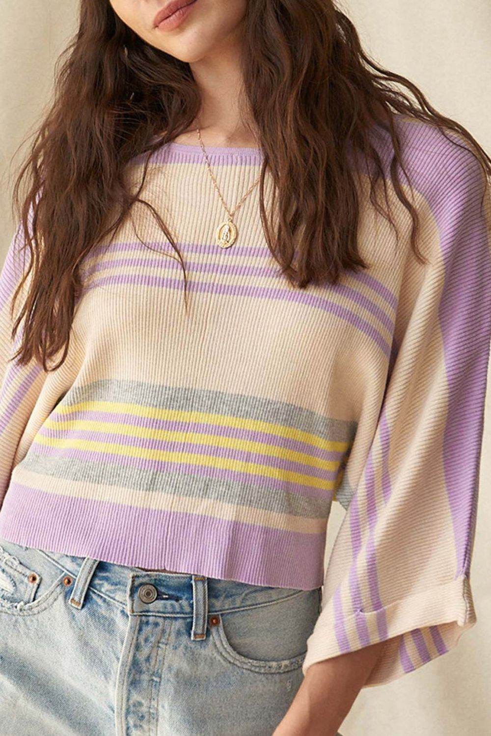 Contrast Striped Round Neck Three-Quarter Sleeve Top Pink Purple for a perfect OOTD – dress to impress outfits from Amexza