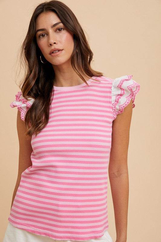 Annie Wear Ruffled Striped Round Neck Cap Sleeve Knit Top for a perfect OOTD – dress to impress outfits from Amexza