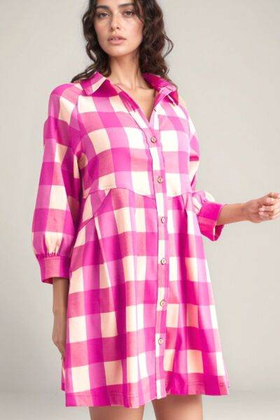 Ruched Plaid Three-Quarter Sleeve Shirt Dress for a perfect OOTD – dress to impress outfits from Amexza