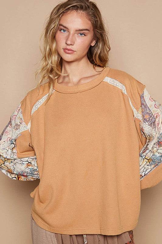 POL Waffle-Knit Lace Detail Round Neck Top - Amexza