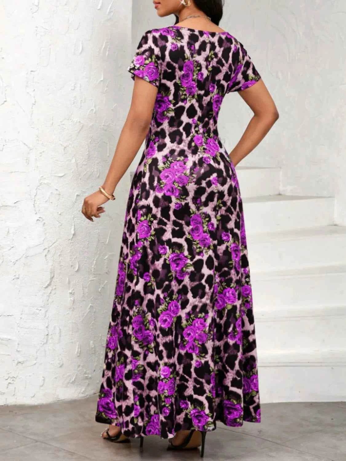 Printed Round Neck Short Sleeve Maxi Tee Dress for a perfect OOTD – dress to impress outfits from Amexza