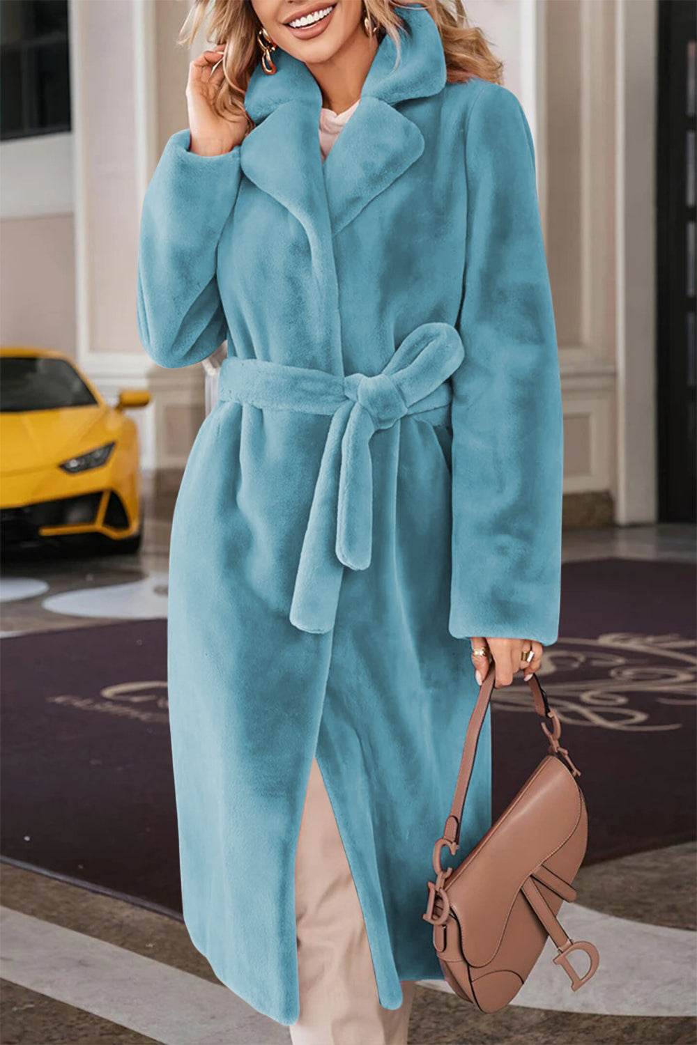 Full Size Fuzzy Tied Collared Neck Coat for a perfect OOTD – dress to impress outfits from Amexza