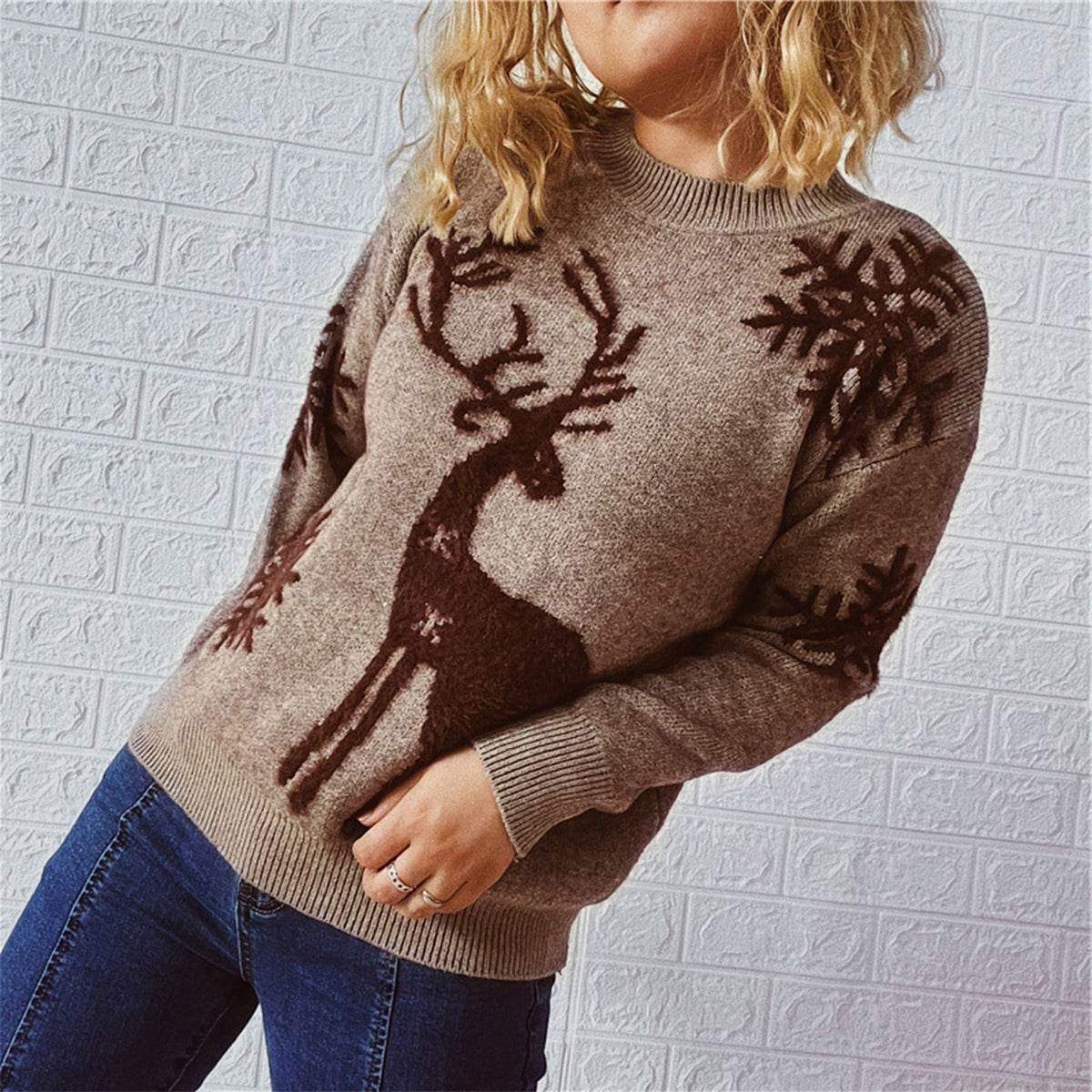 Reindeer and Snowflake Pattern Sweater - Amexza