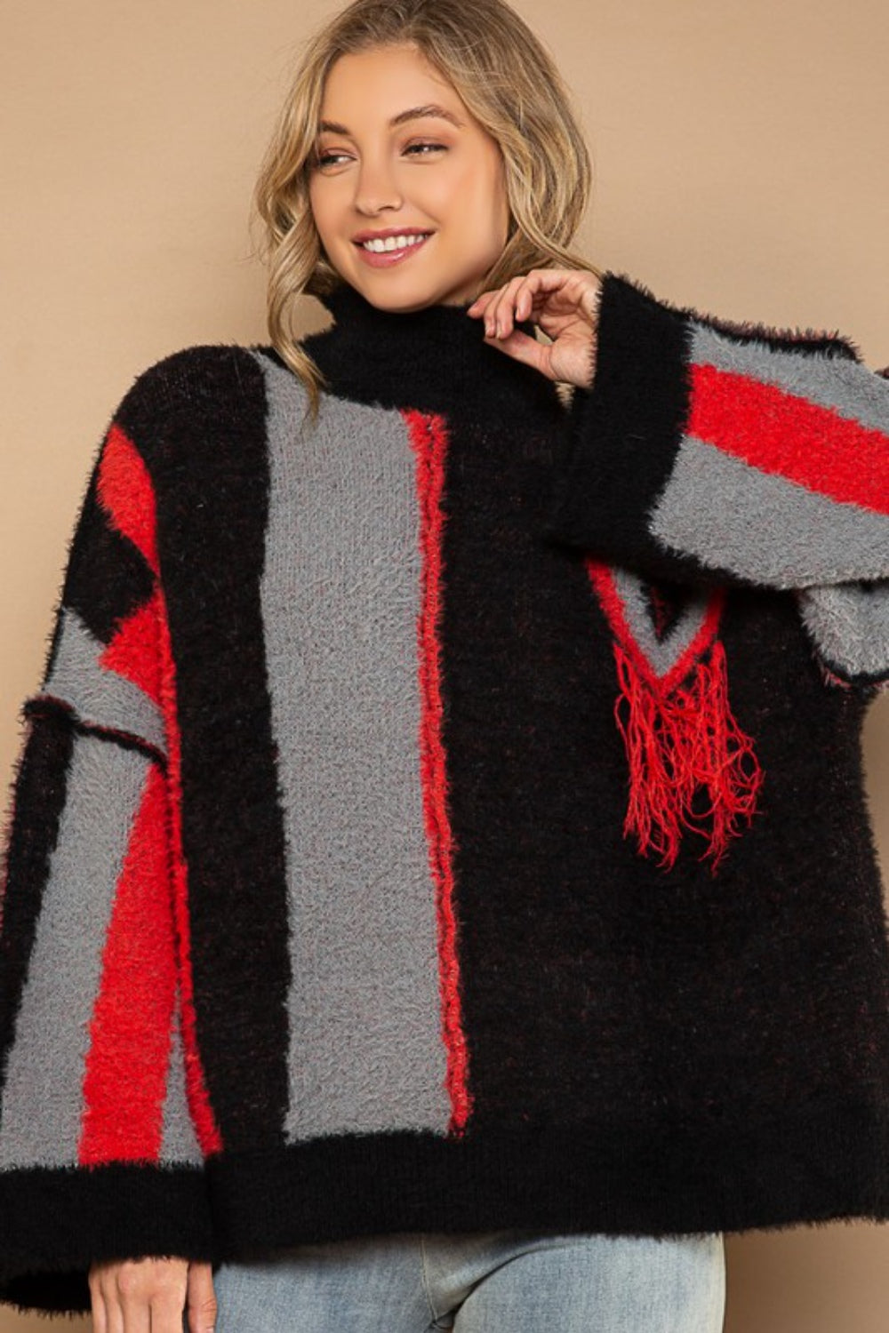 POL Turtleneck Color Block Fringe Detail Sweater Black Red Multi for a perfect OOTD – dress to impress outfits from Amexza